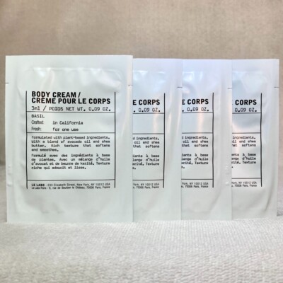 4x Le Labo Basil Body Cream Sample Packet .09oz, 3ml Each .36oz, 12ml TOTAL