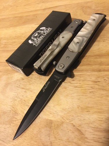 9" stiletto pocket knife black surgical steel assisted blade