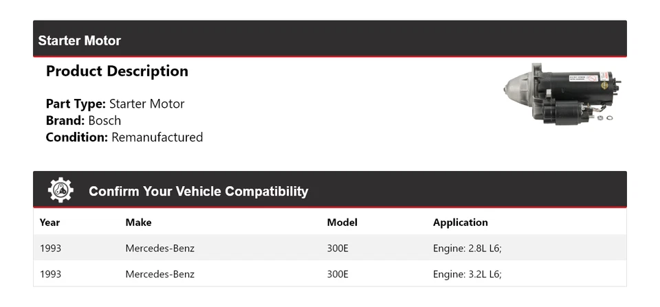 For 1993 Mercedes 300E Bosch Starter (Remanufactured) Foto 2 de 4