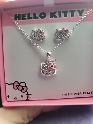 Hello Kitty matching Necklace Earrings SILVER Crystals *New in