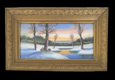 Vtg Pastel Chalk Landscape Painting Winter Scene Snowy Stream Old Frame 7 X 14