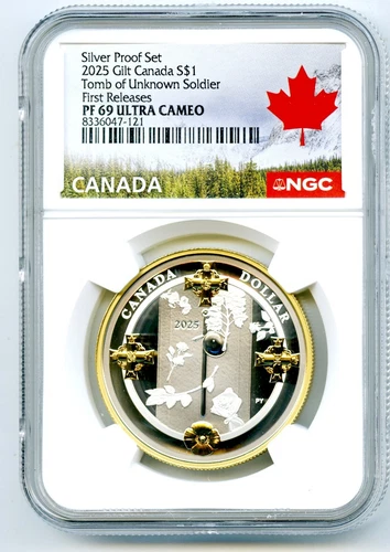 2025 $1 CANADA GILT SILVER DOLLAR PROOF NGC PF69 TOMB OF THE UNKNOWN SOLDIER FR