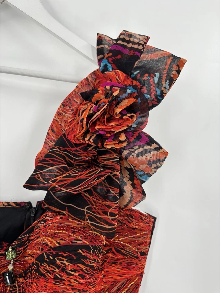 Vestido Diane Freis para mujer 6 rojo naranja negro 100 % seda lentejuelas volantes con cuentas Foto 2 de 4