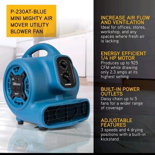 XPOWER P 230AT Mini Air Mover 3 Speed 925 CFM Drying Fan with Timer Portable - Picture 2 of 5