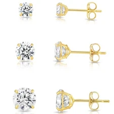 Set of 3! 14K Real Solid Gold Solitaire Round CZ Sleeper Studs Earrings Pushback