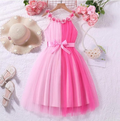 Girl's 3D Flower Pleated Mesh Tulle Dress Sleeveless Belted Dress, Size:12Yrs - Picture 3 of 6