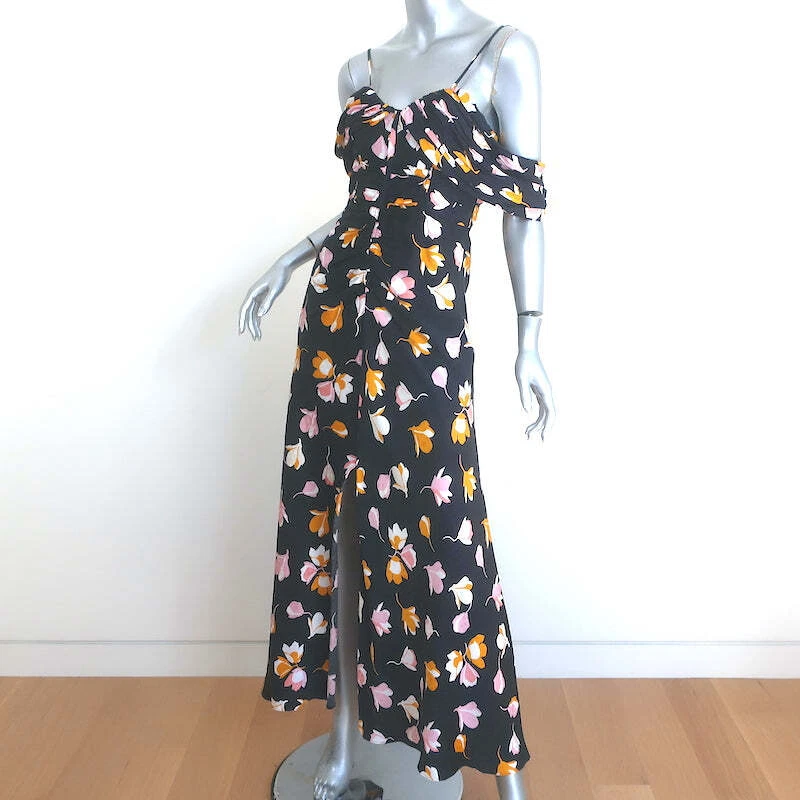 Self-Portrait Off the Shoulder Maxi Dress Black Floral Print Satin Size US 4 - Image 4 of 4