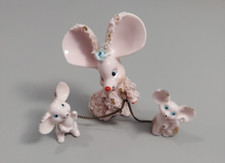 Vtg Japan Spaghetti Mouse Family Figurine Mother Babies Chain Pink Big Ears MCM