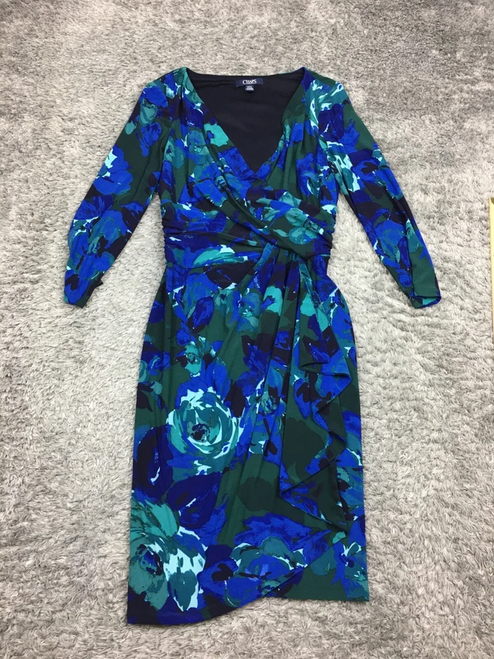 Vestido Chaps Ralph Lauren Manga Larga Mujer Talla Pequeña Azul Verde Envolvente Elástico Foto 3 de 4