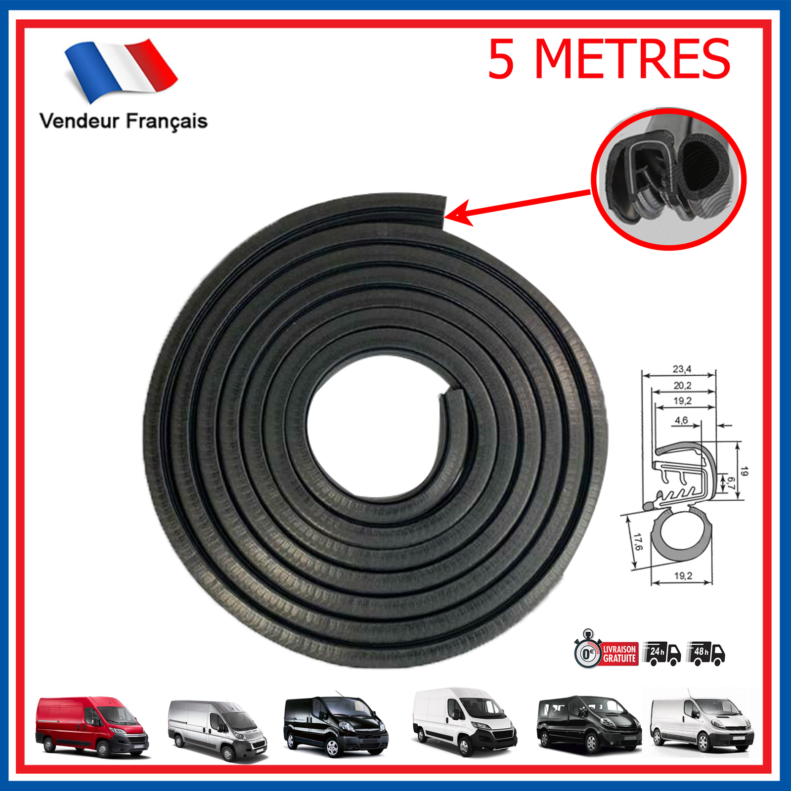 Joint de porte étanchéité en caoutchouc noir pour Trafic 2 Boxer 3 et Jumper 3