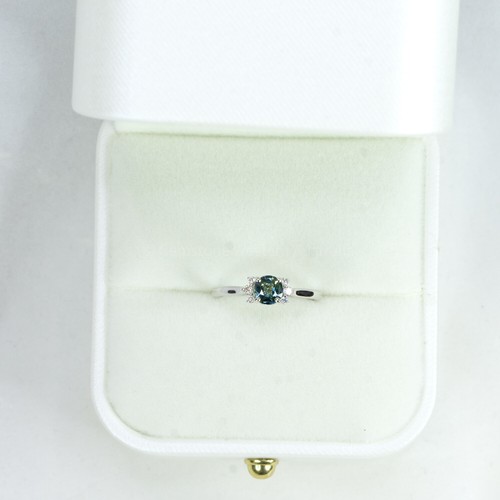 Unheated Teal Sapphire and Diamonds Ring in 14K White Gold - Picture 3 of 6
