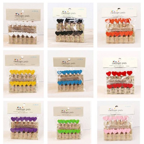 Small wooden clips Photo Frame Heart 12pcs Set Mini Pegs & String Hanging - Picture 3 of 24