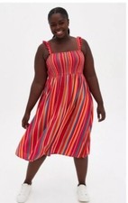 Torrid Midi Challis Smocked Tiered Dress in Stripe Pink Size: 1X