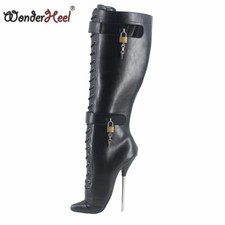 Wonder Style High Heel 7" Stiletto Heel Padlocks Fetish Knee High Ballet Boots