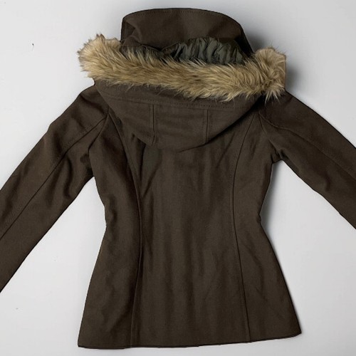 Logg Y2K Fur Lined Jacket Pea Coat Flare Fuzzy Hood Green Brown Bella 2000s M - Picture 4 of 15