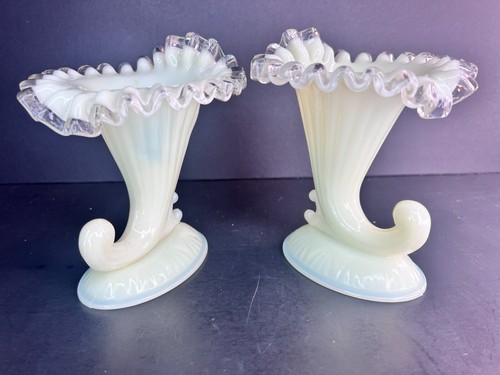 Fenton Ivory Crest Cornucopia Custard Glass Candlestick (Set of 2) ca 1960 Glows - Picture 3 of 10