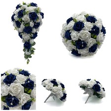 Artificial Wedding Flower Package Navy Blue & White Rose Bouquet Posy Handmade