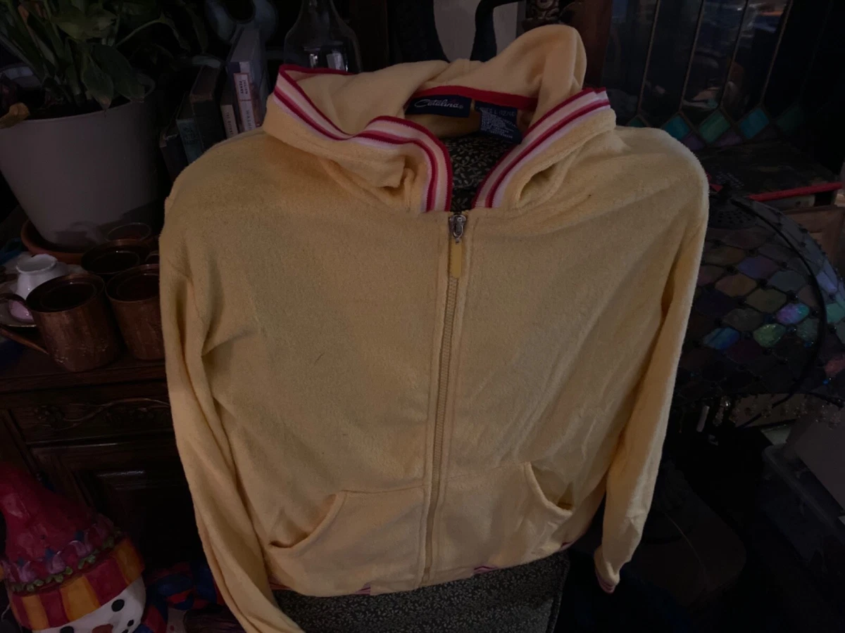 CATALINA Vintage Yellow zip terrycloth hoodie w striped rainbow