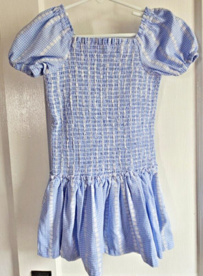 FLAPDOODLES plaid smocked bodice ruffle hem square neck girl dress 5 Blue- white