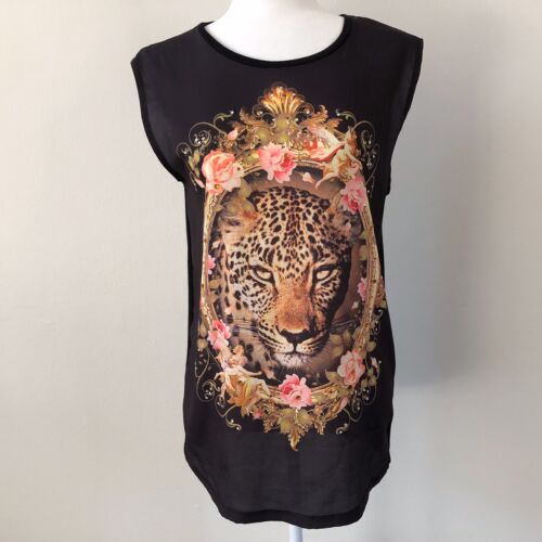 Forever 21 Womens Black Tiger Face Top Cami Sleeveless  Sz S. N3 - Picture 1 of 6
