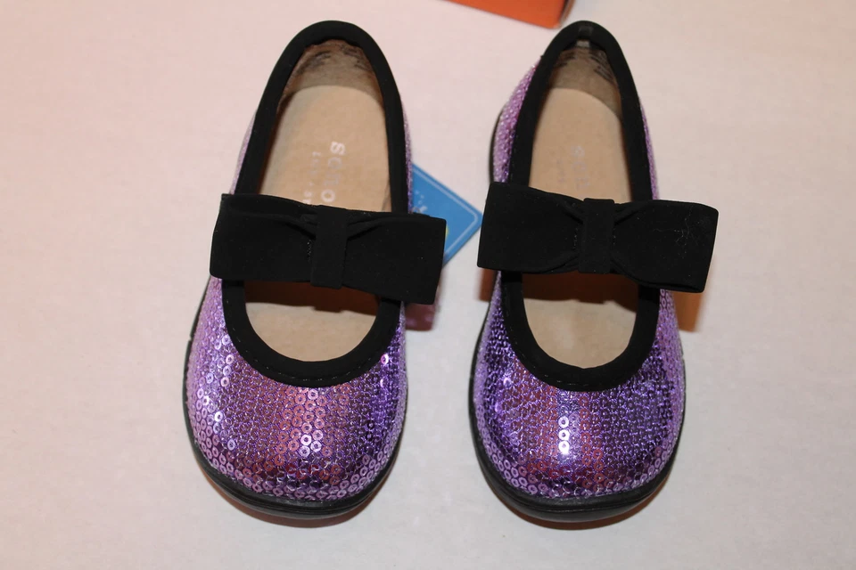 Sonoma Infantil Niño Niña Talla 5 Púrpura Lentejuelas Zapatos con Lazos Negros Macie NUEVO Foto 2 de 4