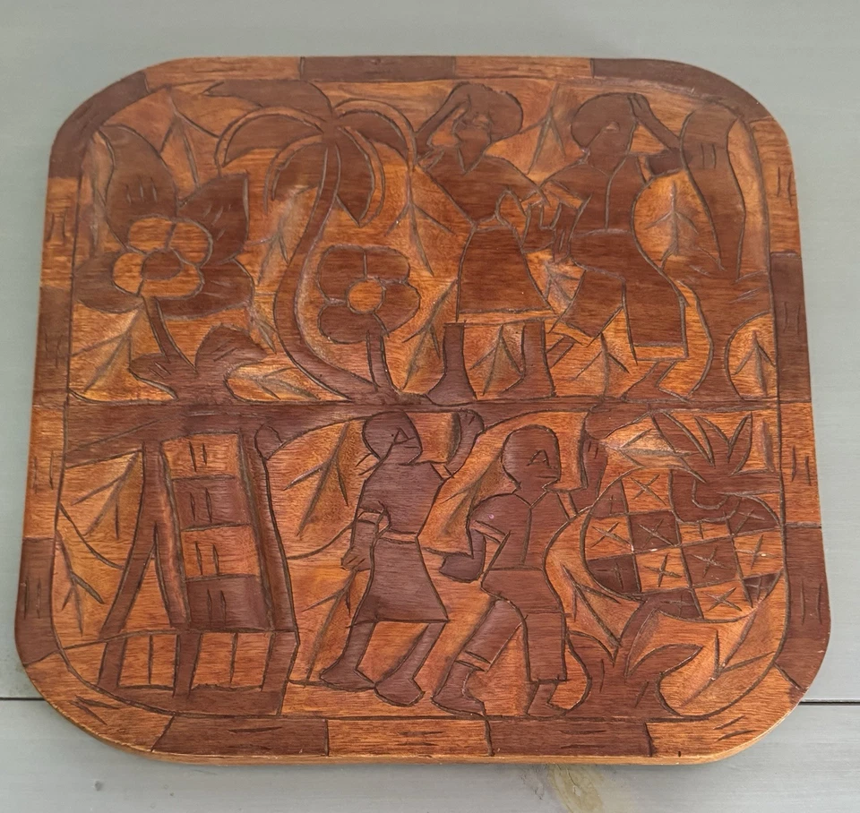Hand Carved Wooden Checkerboard Game Board Double Sided Folk Art - Image 3 of 4