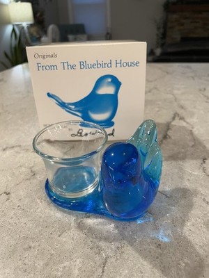 Bluebird Of Happiness Glass Votive Holder  Leo Ward 1998 Signed Sticker box