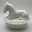 VTG Milk Glass Horse Covered Dish “Horse on a Nest”(like Hen)Trinket Candy Bowl