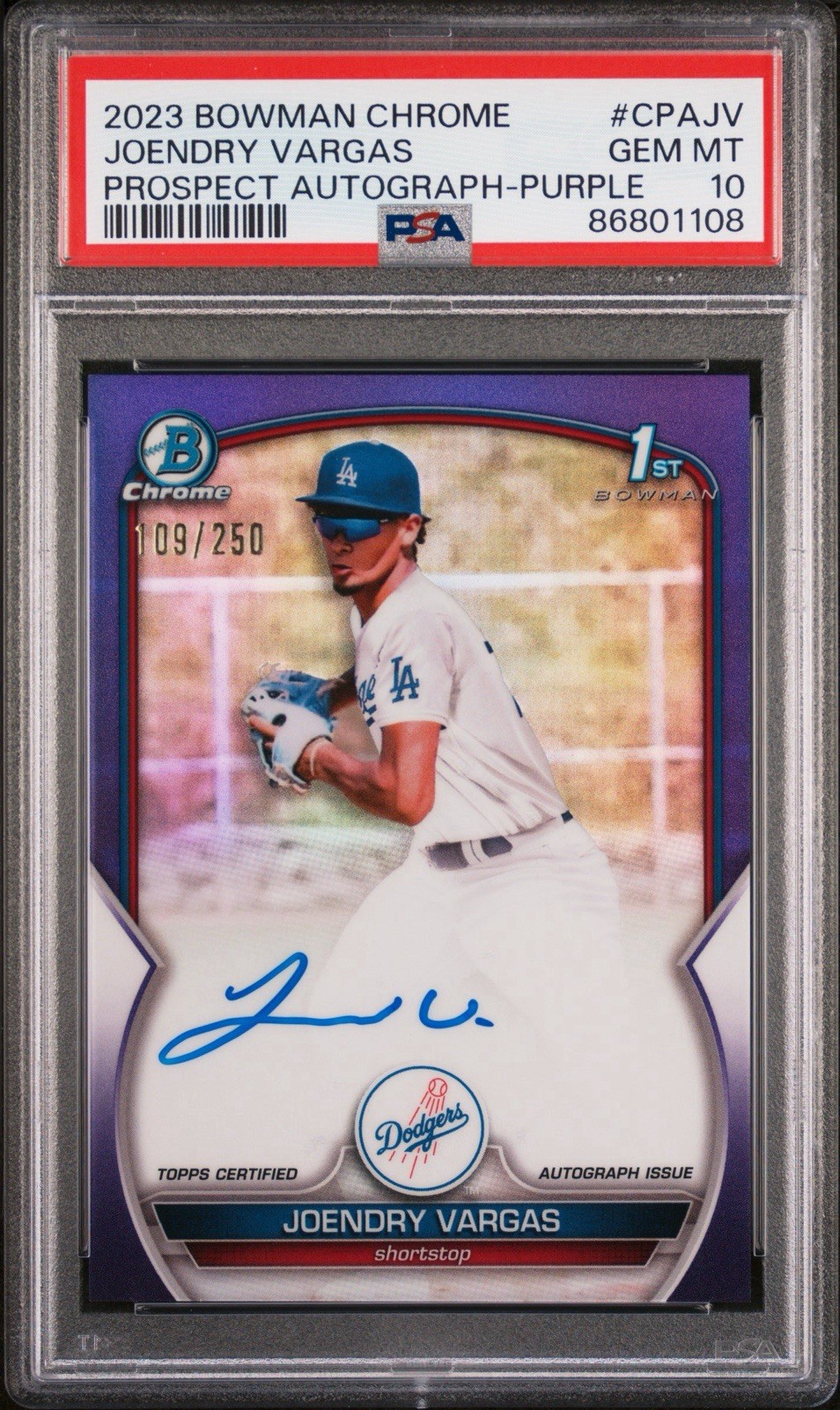 2023 Bowman Chrome Joendry Vargas Purple Refractor Auto /250 CPA-JV PSA 10 view 1