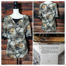 Christopher Banks Top Size XL Cowl Neck 3/4 Sleeve Leaf Print Stretch