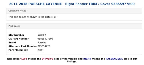 2011-2018 PORSCHE CAYENNE - Right Fender TRIM / Cover 95855977800 - Picture 4 of 5