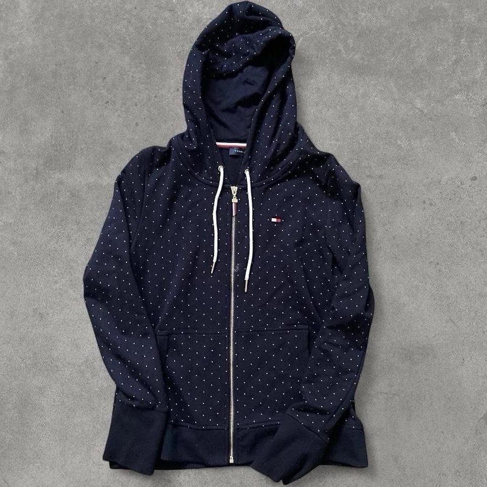 Tommy Hilfiger women's navy blue zip-up hoodie with a white polka dot print