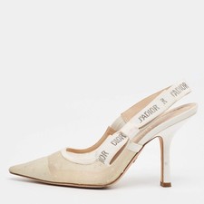 Dior JAdior Size 37.5 WhiteBeige Canvas and Net Slingback Pumps