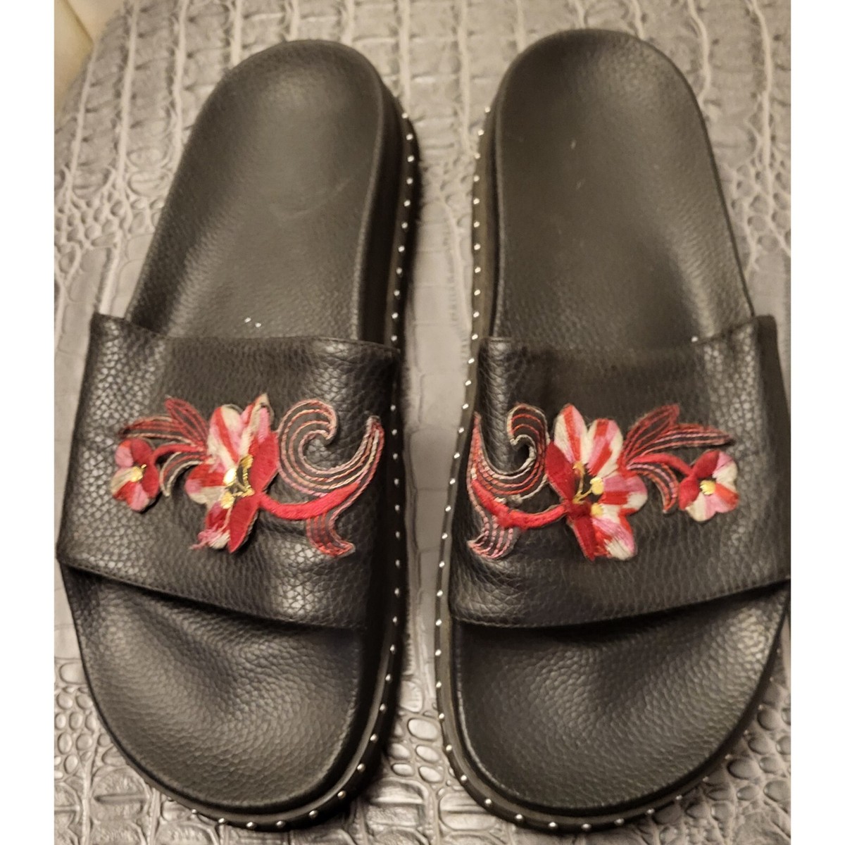 サンダル・ミュール Leather Sandals Insole Embroidery Sandal Floral Embroidered Leather SIZE 41 /9.5 For Women | eBay
