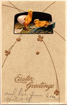 Postcard Easter Greetings Embossed Chicks Hatching Posted 1908