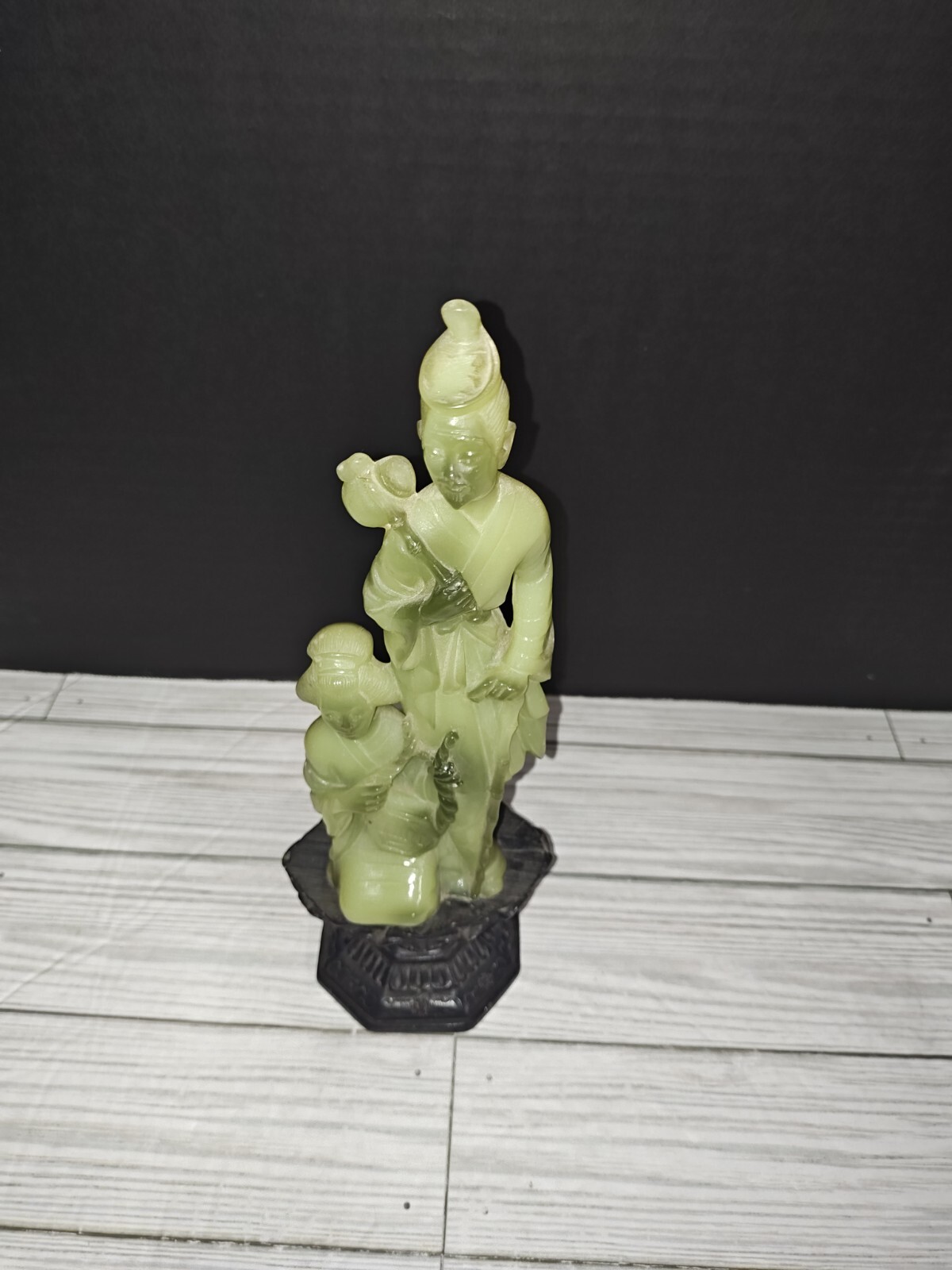 Vintage Green Resin Carved Asian Lovers Travel Sculpture Figures Man Woman