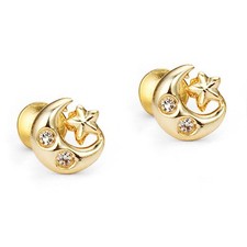 14k Yellow Gold Plated CZ Moon  Star Children Screw Back Baby Girls Earrings