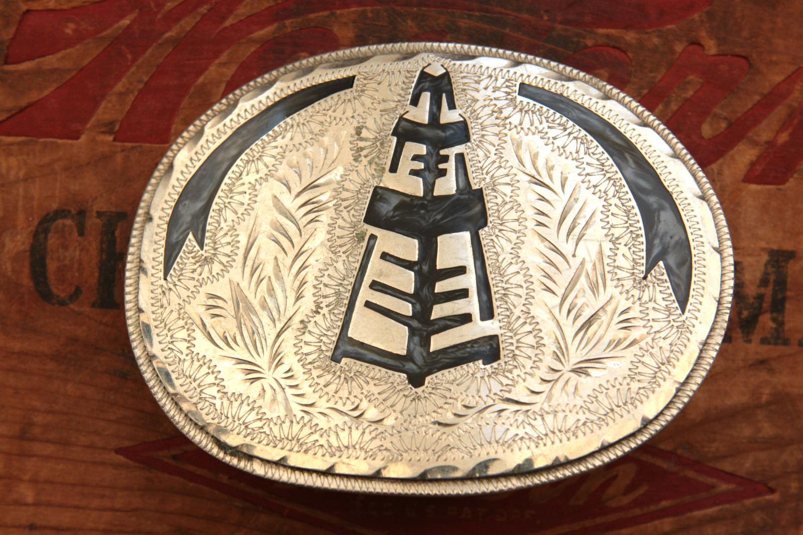 Vtg Hand Made Oil Derrick Mother of Pearl Like Inlay Western Belt