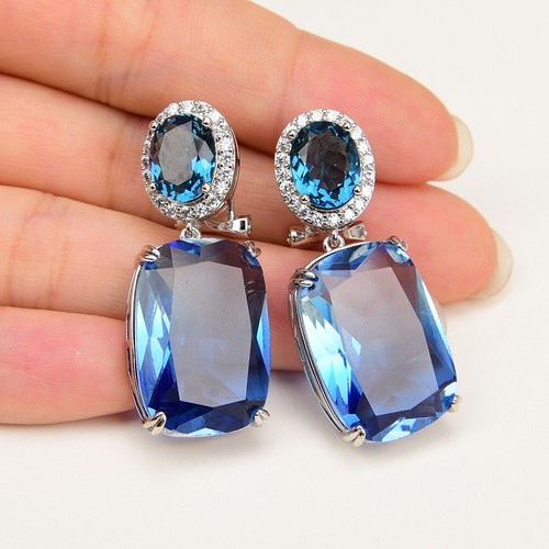 Natural Blue Gradient Colorful Crystal Rectangle Karat Gold Zircon Stud Earrings - Picture 12 of 13