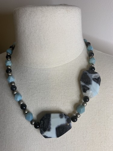 Larimar Blue Black Agate Druzy Onyx Beaded Necklace Heavy Stone Fancy Boho - Picture 8 of 18