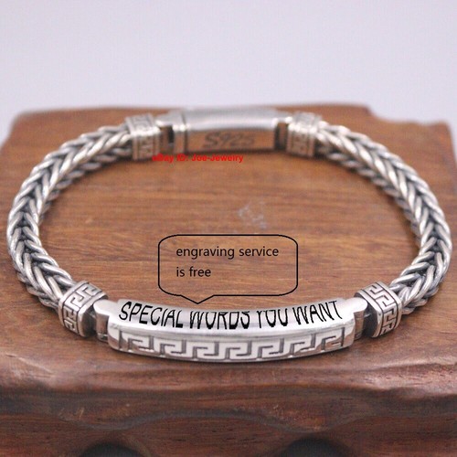 Real 925 Sterling Silver 6.5mm Fret Pattern ID With Wheat Link Bracelet 7.48" L
