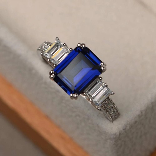 Anillo de San Valentín de diamantes y zafiros naturales de 3,30 quilates de oro blanco real de 14 quilates talla Al - Imagen 2 de 5