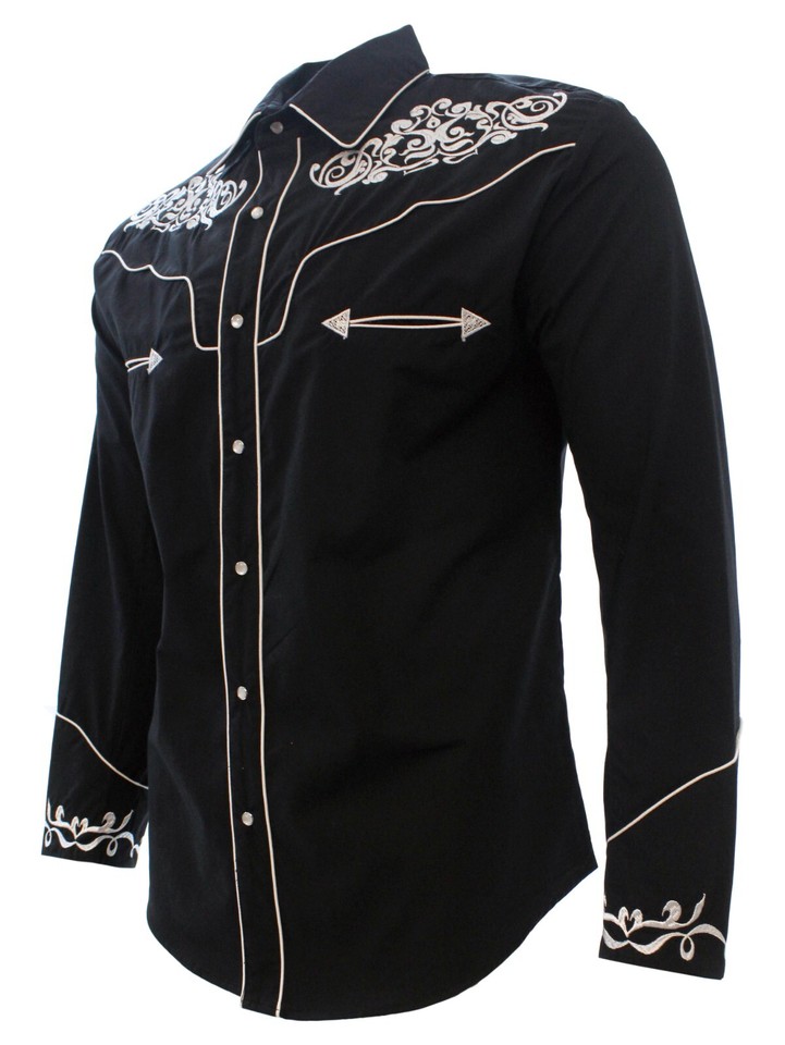 Men's El General Charro Shirt - Camisa Charra, White With Silver/Black Embroidery-780257