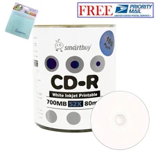 100 Smartbuy 52X CD-R 700MB White Inkjet Printable Disc + FREE Micro Fiber Cloth