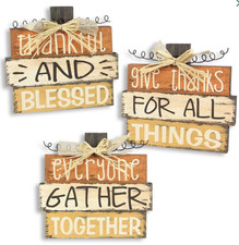 Thankful Blessed Thanksgiving Gather Set of 3 Wood Signs Fall Autumn Distressed
