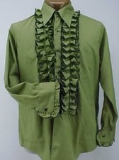 VINTAGE RUFFLED TUXEDO TUX SHIRT RETRO GREEN WITH BLACK MADE IN USA NEW NOS