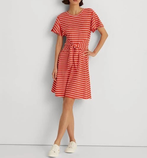 Lauren Ralph Lauren Women's Striped Tie-Front Jersey Dress, XL, Cotton