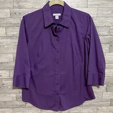 Lady Hathaway Purple Medium Collared Top Button Up 3/4 Sleeve Blouse Career Mod