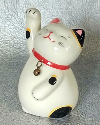 Japanese Vtg Maneki Neko Lucky Cat Beckoning Figurine Ceramic H11.3cm 4.4''