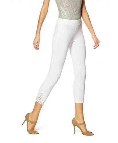 HUE White Lace Trim Pique Capri Leggings Size Small Wide Waistband